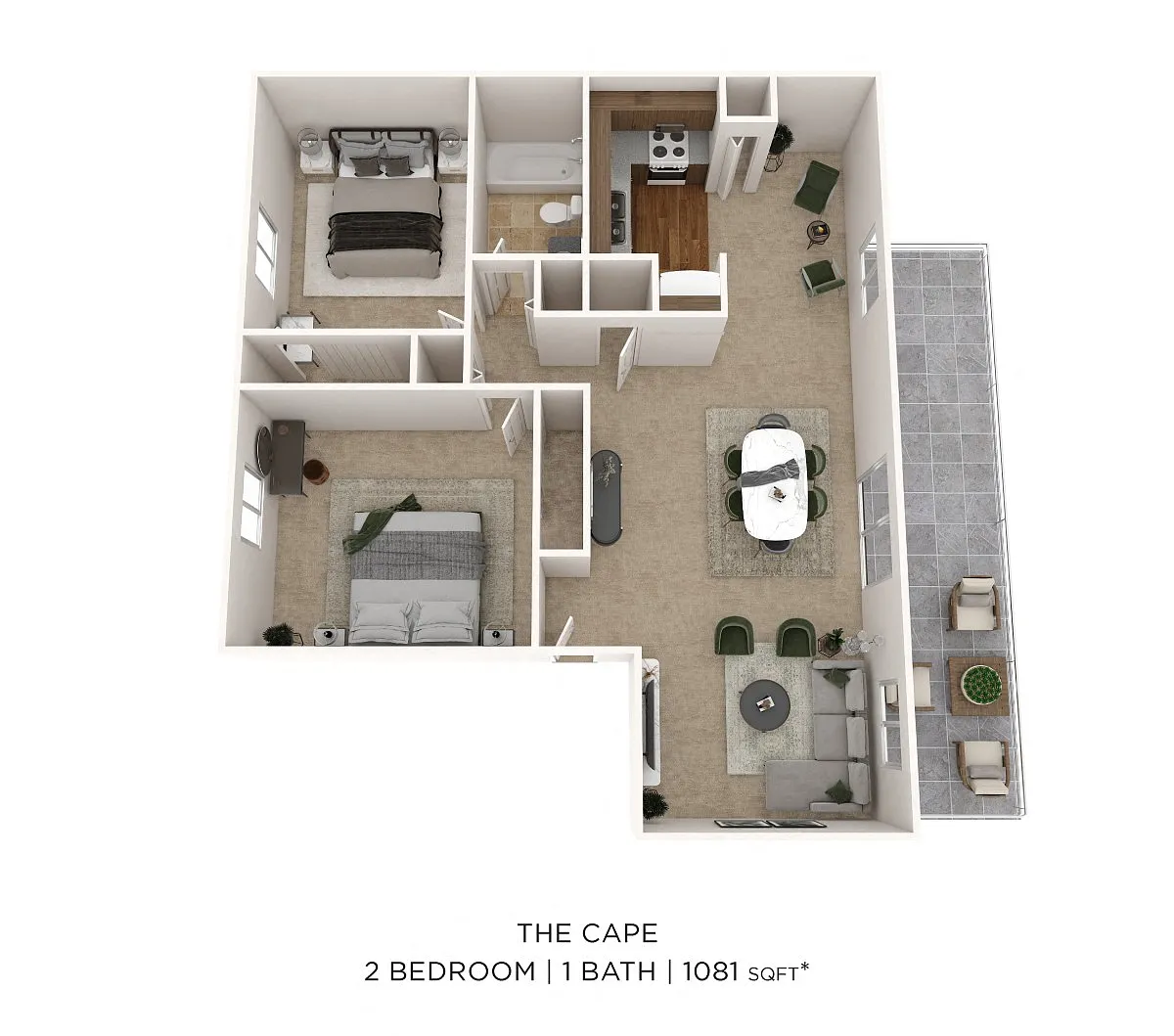 Floor plan Two Bedroom 1 Bath - 1,081 sqft