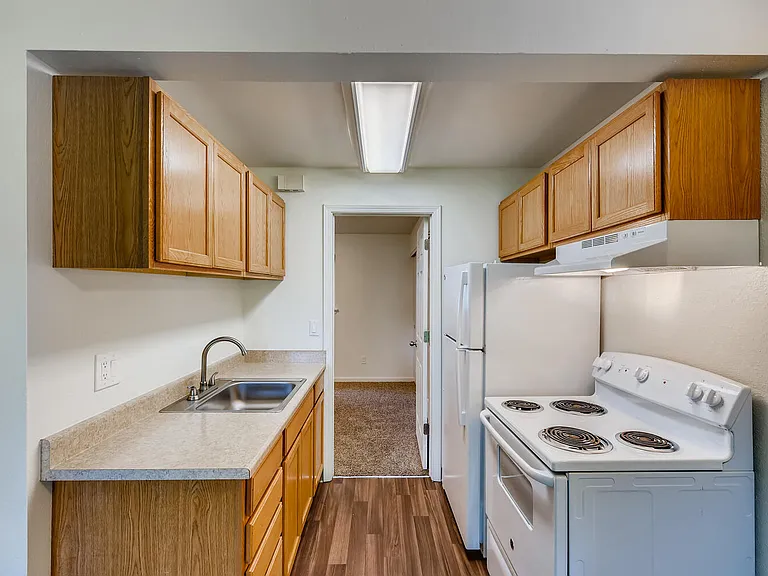 The Kitchen in a One Bedroom Apartment at Morningtree Park Apartments