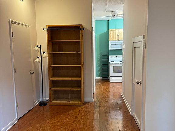 Looking from main living space into the kitchen area. Closet is on the left next to the book case. Stair storage is the smaller door on the right.