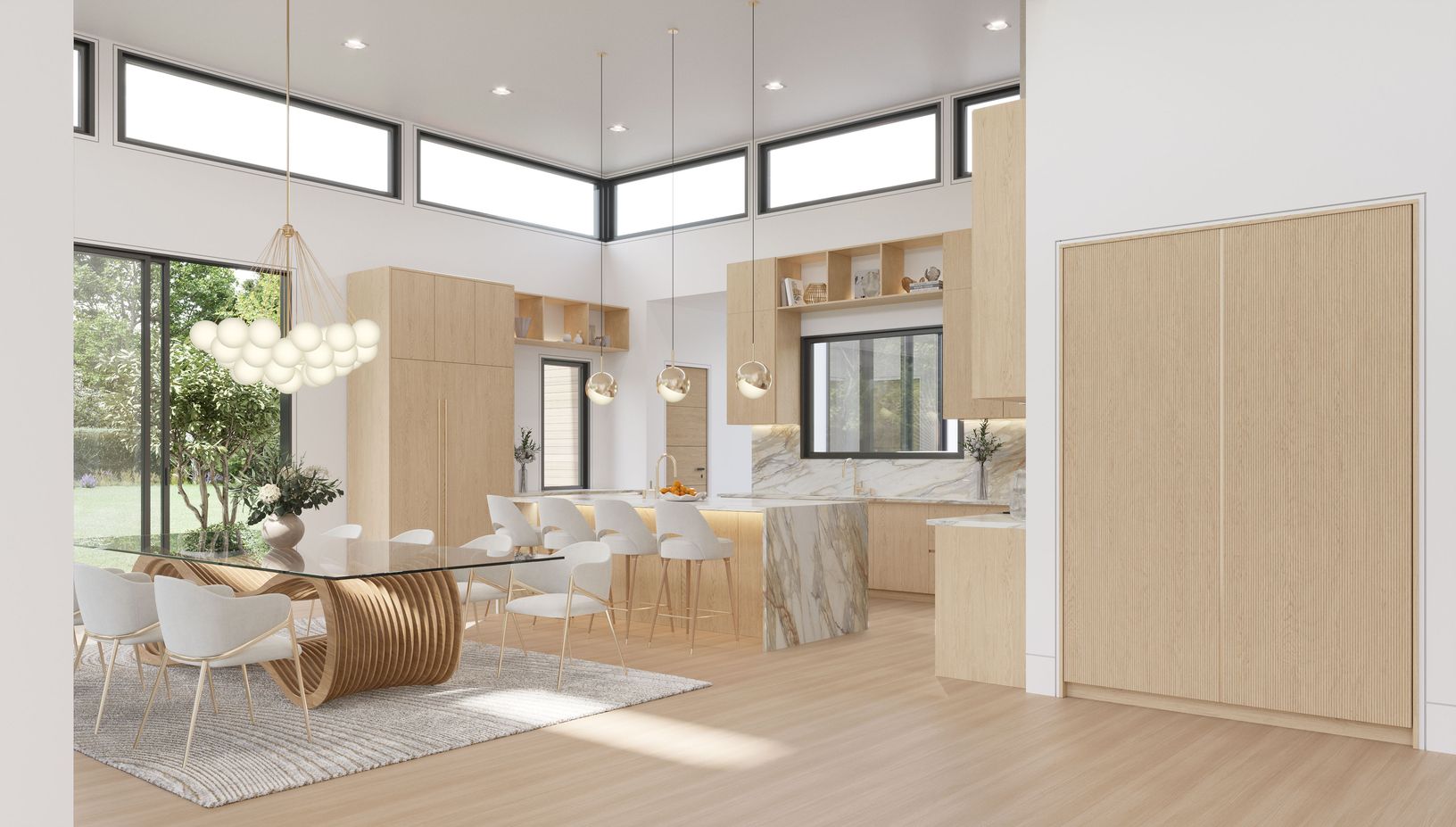 Soaring ceilings and clerestory windows, illuminate custom oak cabinetry.