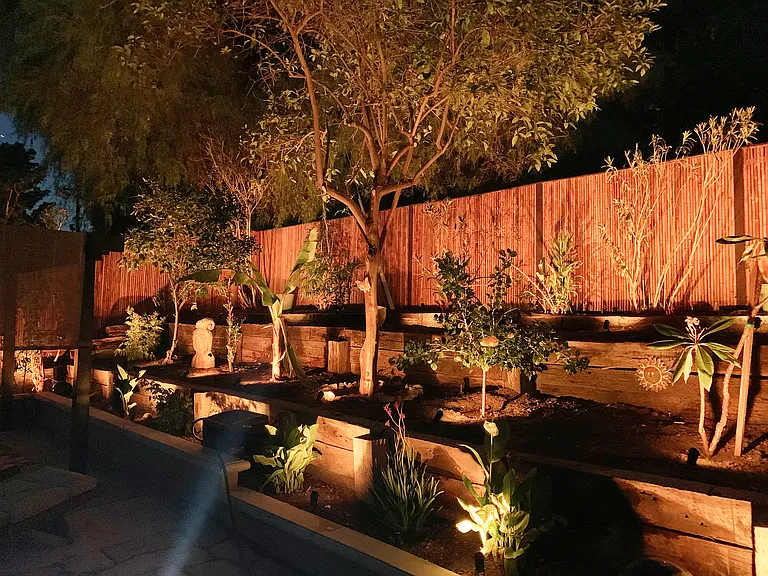 Private patio with 4 tiers and colored lights, new patio furniture, BBQ, fire pit
