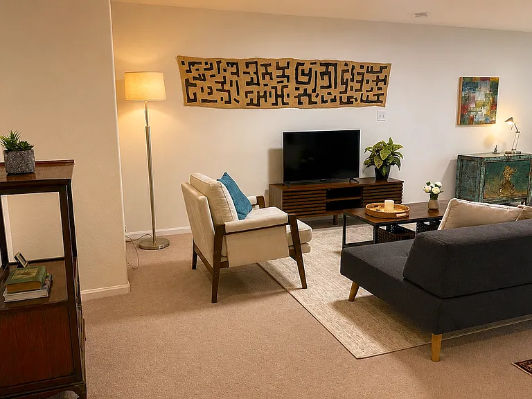 Private spacious living area with new smart TV and great lighting