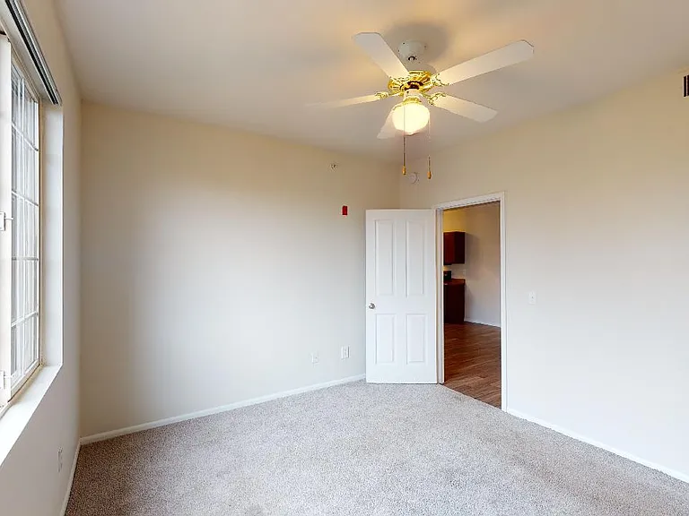 Spacious apartment bedroom with large closet, attached bathroom and plush carpet flooring.