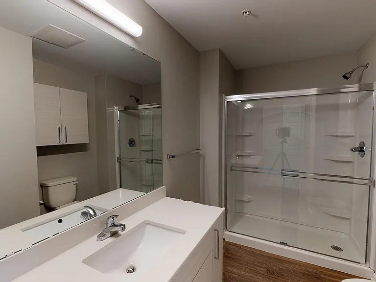 The Hickory primary en suite bathroom includes a large vanity and walk-in shower. The Hickory primary en suite bathroom includes a large vanity and walk-in shower.