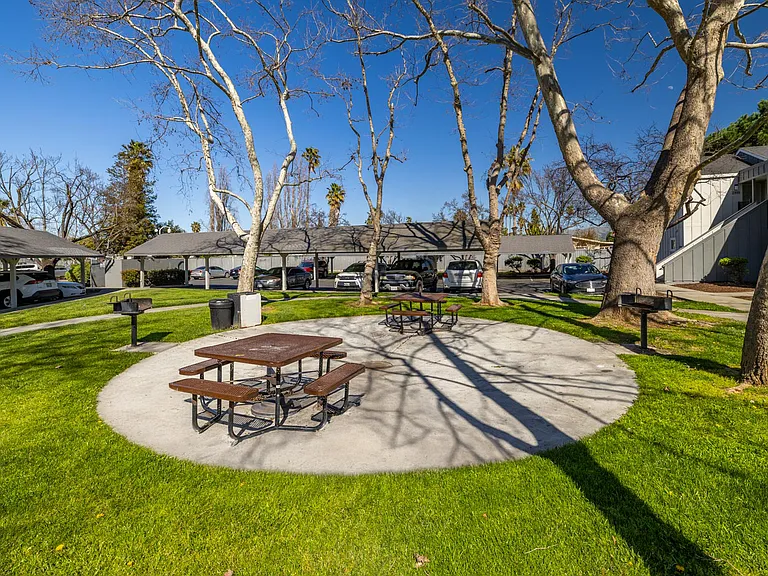 Open-air picnic area with shaded tables and multiple BBQs.