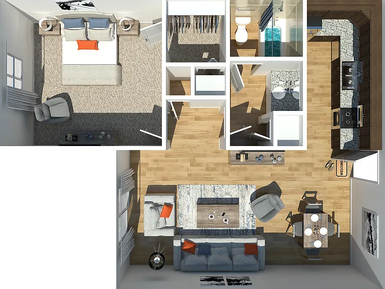 Explore this beautifully designed apartment layout emphasizing style and practicality. Explore this beautifully designed apartment layout emphasizing style and practicality.