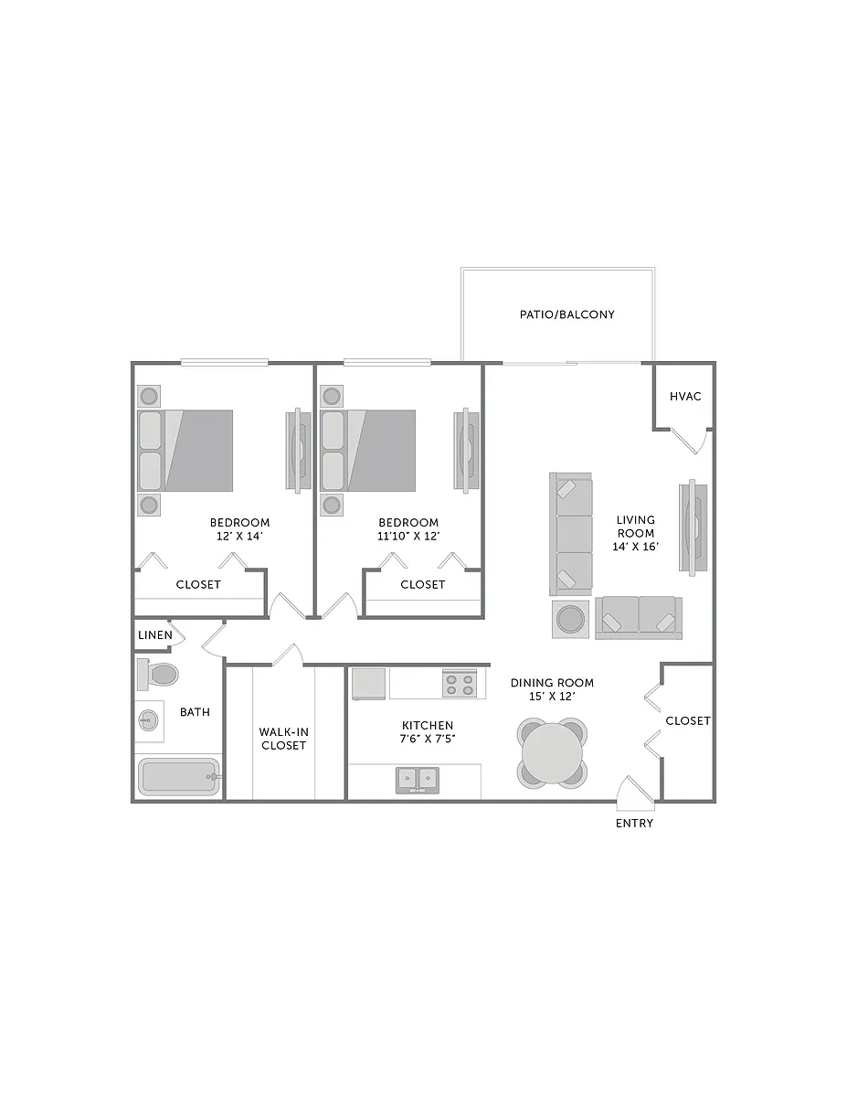 Floor plan 2 Bedroom 1 Bath Plan B