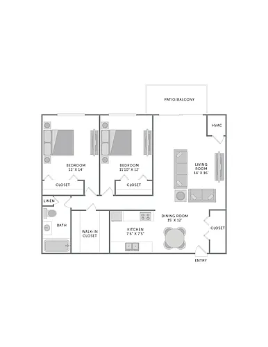 Floor plan 2 Bedroom 1 Bath Plan B