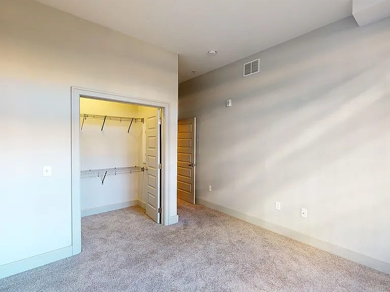 Spacious apartment bedroom with large closet and plush carpet flooring.