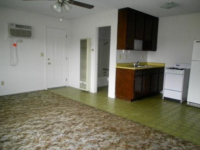 Interior of studio showing kitchen
