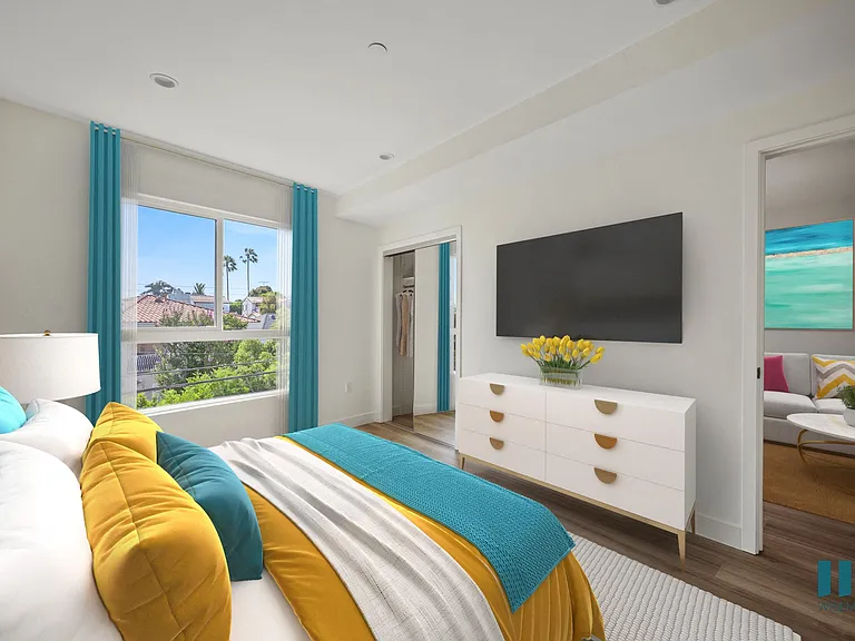 Bedroom with Large-Size Windows, Vinyl Flooring, Walk-In Closet, and Bathroom