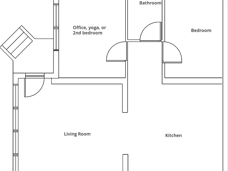 Enter into the living room with a couch and reading nook. A large entryway frames the kitchen with skylight. Enter the bathroom and bedroom from the kitchen. The office or optional yoga or 2nd bedroom offers spectacular natural light.