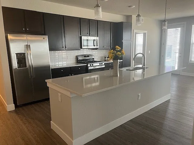 Large kitchen island with upgraded appliances and quartz countertops. Tons of natural light in this spacious kitchen!