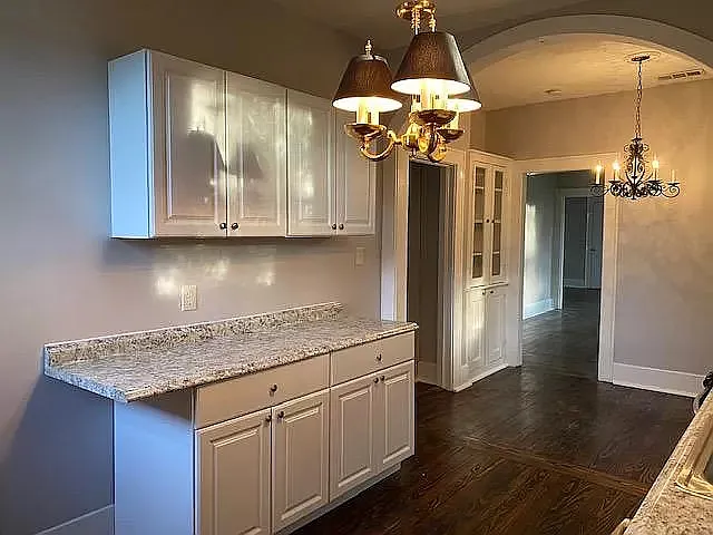 Counter space and cabinets