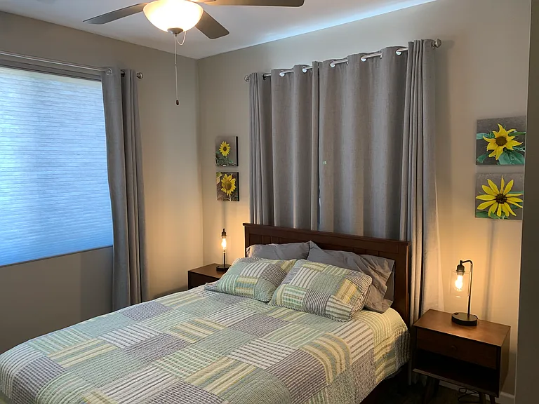 We call this the Sunflower room. It has a Queen sized bed with a lightly used high quality mattress.