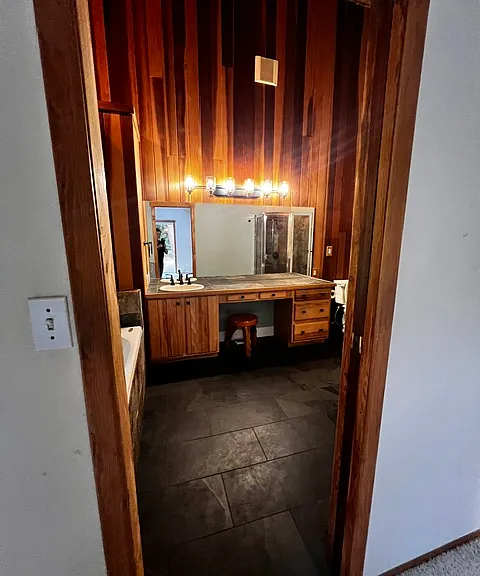 primary bath, new slate floors