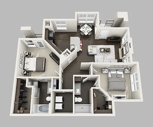 Floor plan 2 Bedroom 2 Bathroom Apartment with 1121 Square Fe