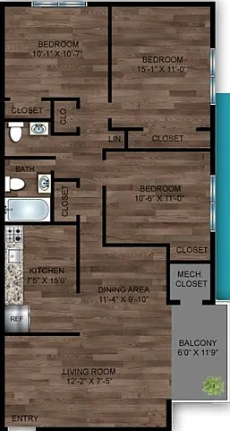 C1 3 BR 1.5 BA (1030 SQFT)