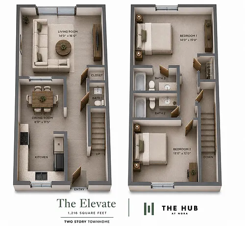 Floor plan Two Bedroom 2.5 Bath Townhouse - The Elevate