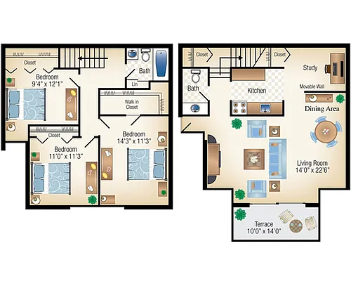 Floor plan 3Bed 1.5Bath Townhome 1352 sf
