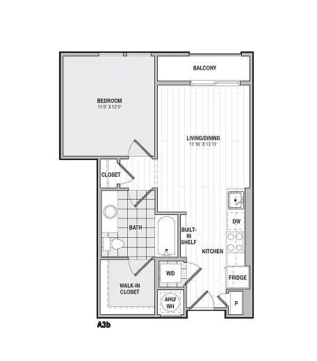 Floor plan 1Bed/1Bath-A3b