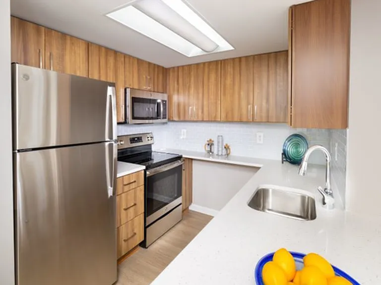 Newly Renovated Kitchen With Quartz Counter Tops, Tile Backsplash, Wood-Style Flooring and Stainless Steel Appliances