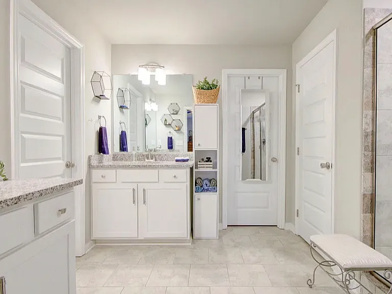 Primary bathroom with split dual vanities, walk in upgraded shower, walk in closet, linen closet, and water room