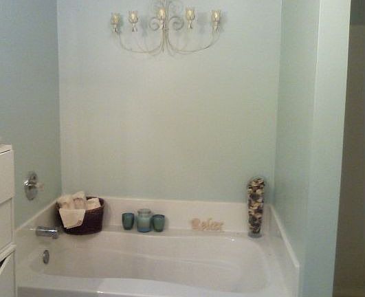 Master bathroom has this nice tub and a shower stall.