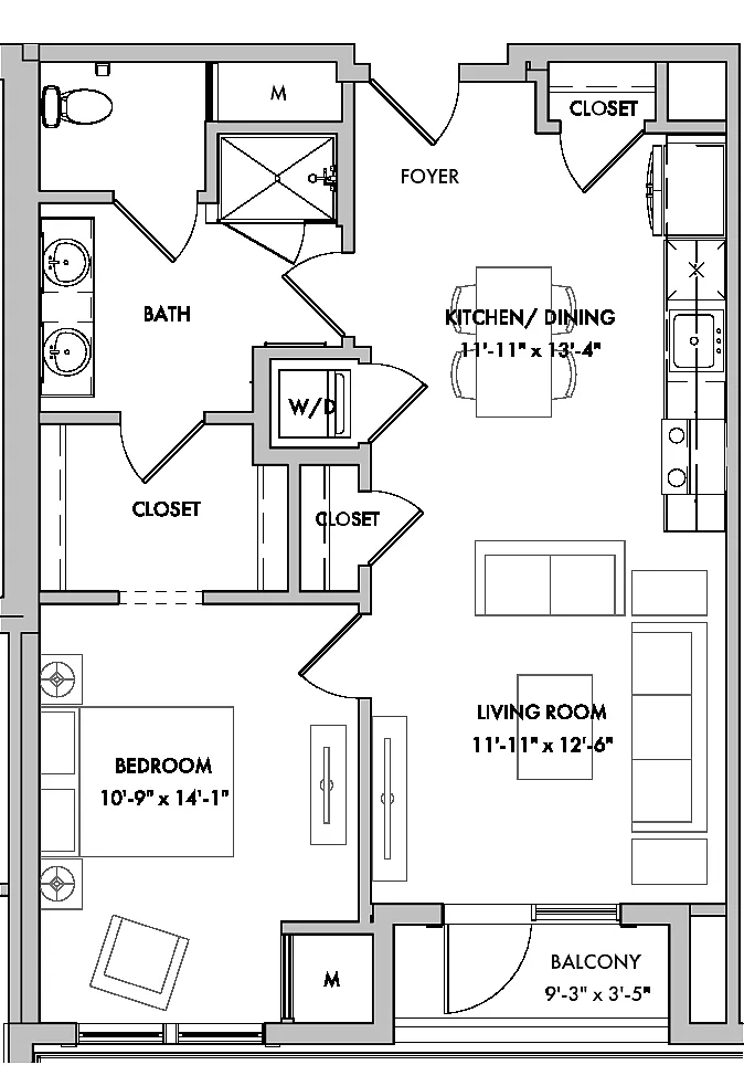 Floor plan Melford I 1 Bed/1 Bath-A4C-B