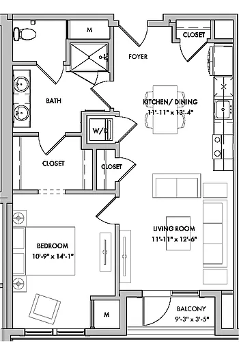 Floor plan Mansions 1 1 Bed/1 Bath-A4C-B
