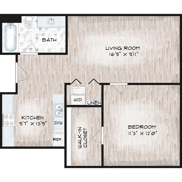 Floor plan Corner One Bedroom