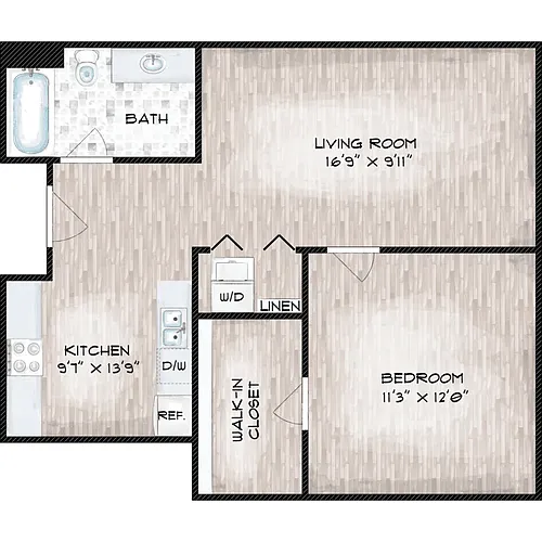 Floor plan Corner One Bedroom