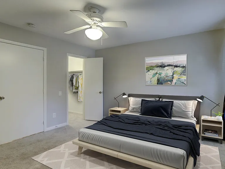 Comfortable bedroom with walk-in closet.
