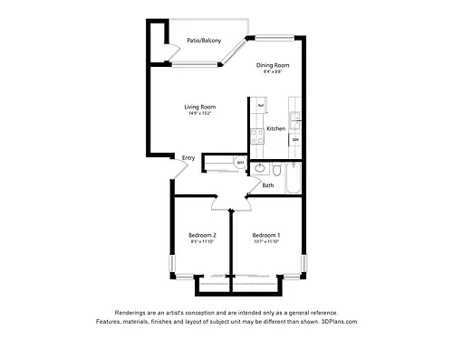 Floor plan 2 Bedroom, 1 Bath 30% Sec 8