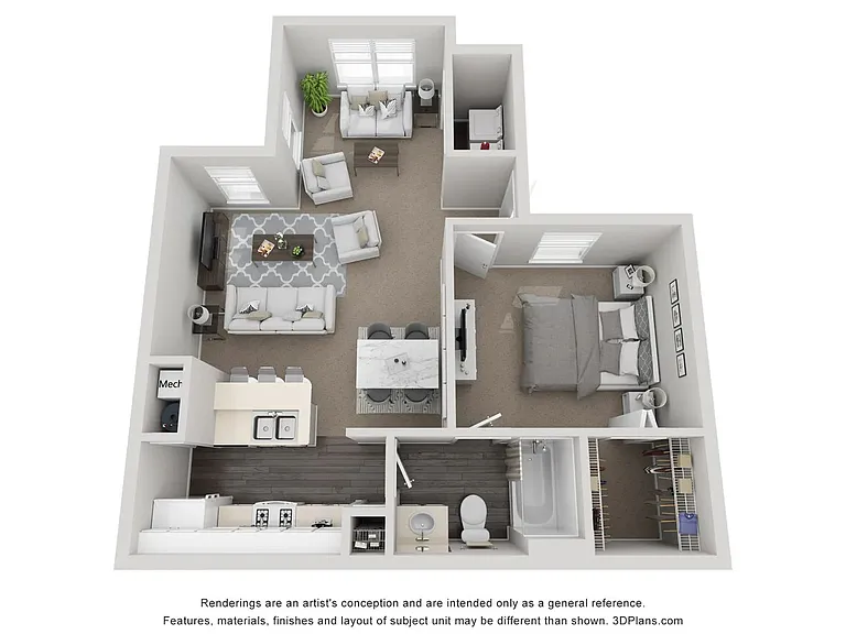 A 3D rendering of The Camelia floor plan, a one bedroom one bathroom