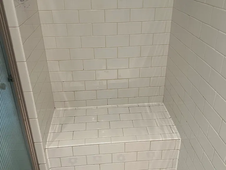 This seat allows for relaxation and hand shower use in the expansive Shower. Ribbed glass door is adjacent
