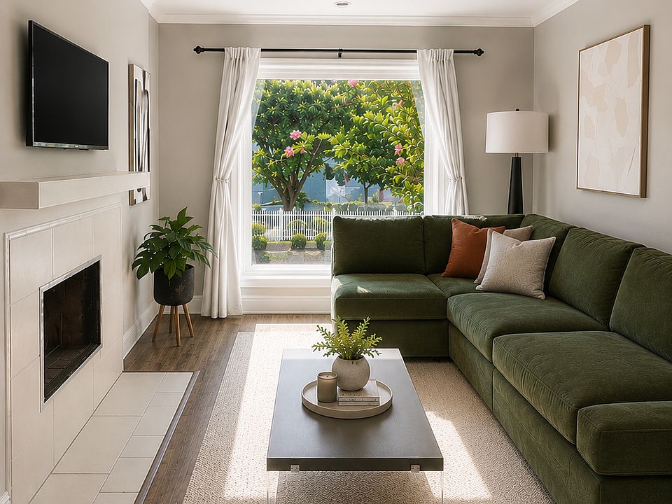 Living room with fireplace. Design and decor rendered.