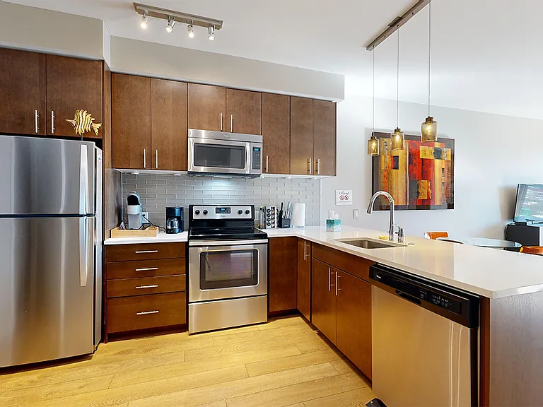 Apartment kitchen with stainless steel appliances, quartz countertops and wood-style flooring.