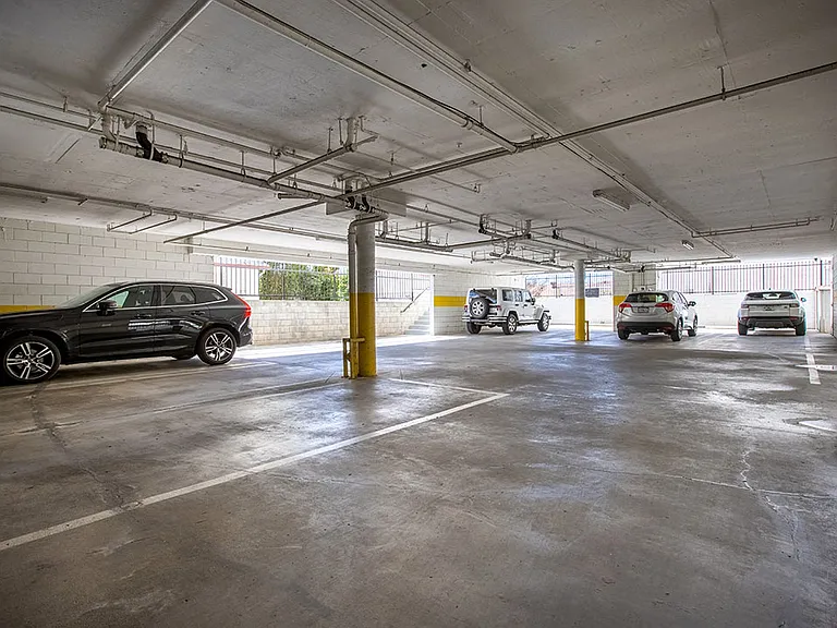 Spacious underground parking garage.