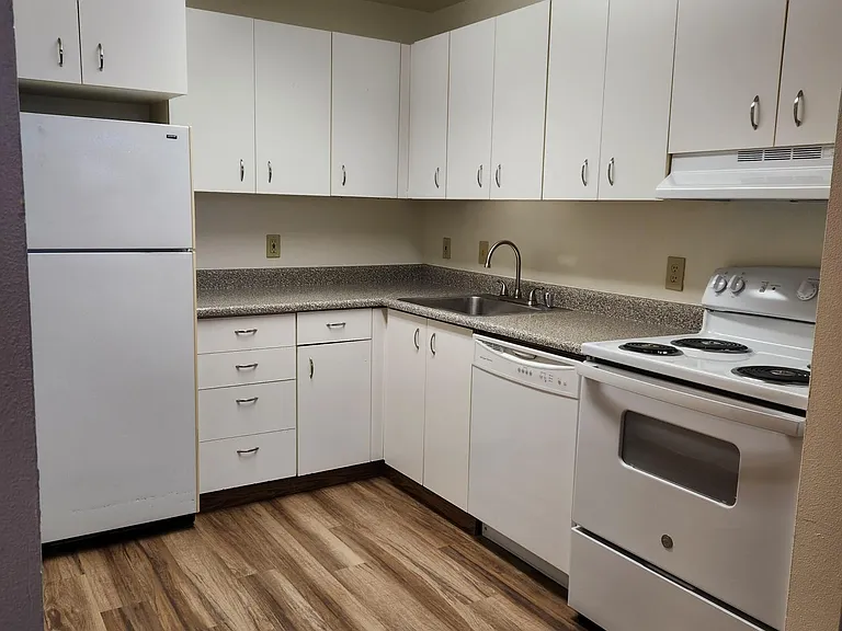 A corner kitchen layout, with tons of cabinets, full-sized appliances, and this one with a dishwasher.
