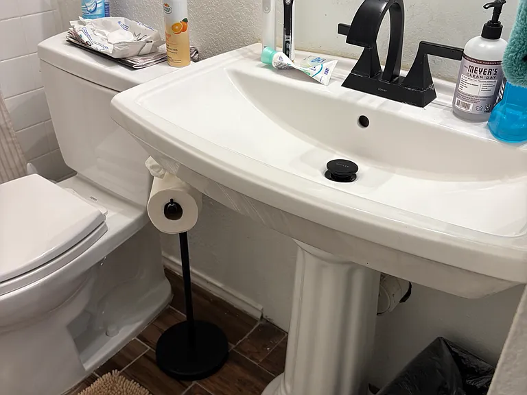 Newly remodeled bathroom, walk in shower in the 2nd bathroom. New pedestal sink. Closet for all your supplies and toiletries.