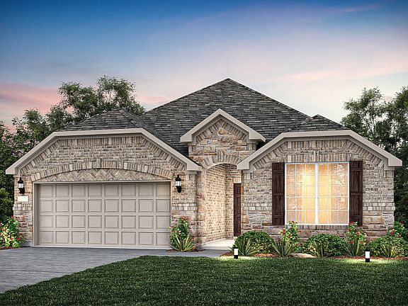 Exterior C with stone and brick, wood shutters, and 2-car garage