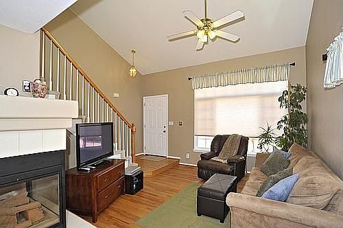 Cozy living room with fireplace.