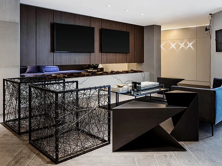 Resident lounge with unique seating and TV's