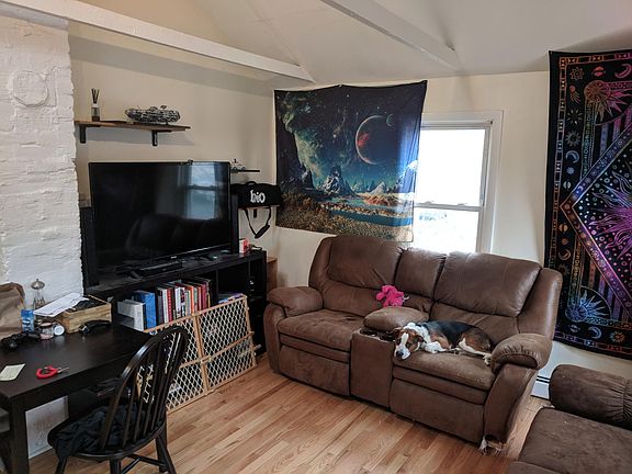 LR w/ vaulted ceiling, beams, & fan!