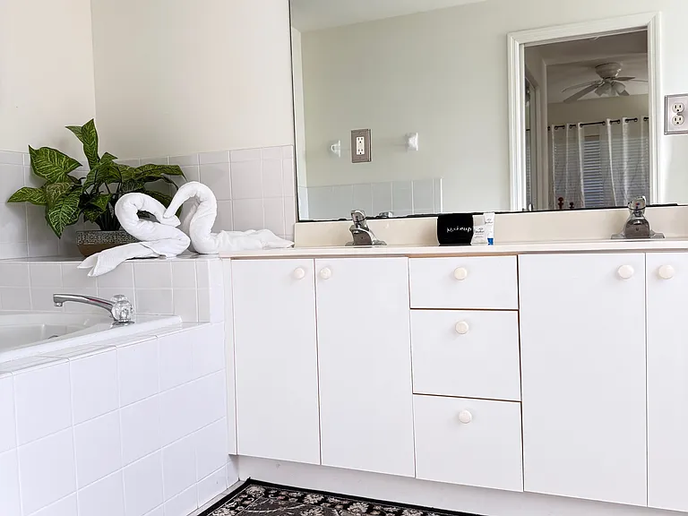 Dual sinks with soaker tub and step in shower