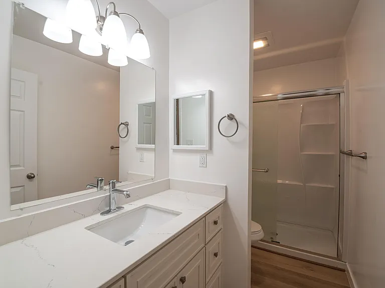Primary en suite bathroom with all new vanity, toilet, set-in shower with new sliding glass door system, lighting, fixtures, etc.