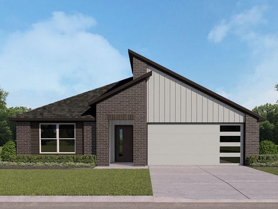 D.R. Horton's Express Homes Justin Floorplan Elevation M. Photos shown here may not depict the specified home & features included are for illustration purposes only.