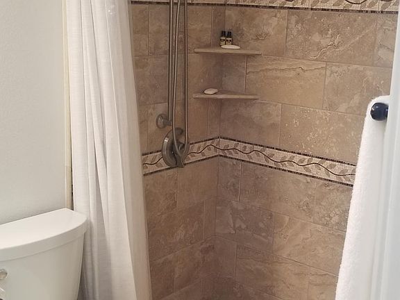 Zero edge entry to this custom made shower area. Kolher toilet, Moen faucet, as-new semi-custom dark wood cabinet.