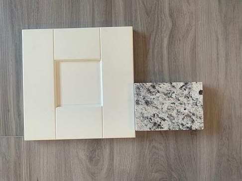 sample of kitchen cabinets, countertop and flooring